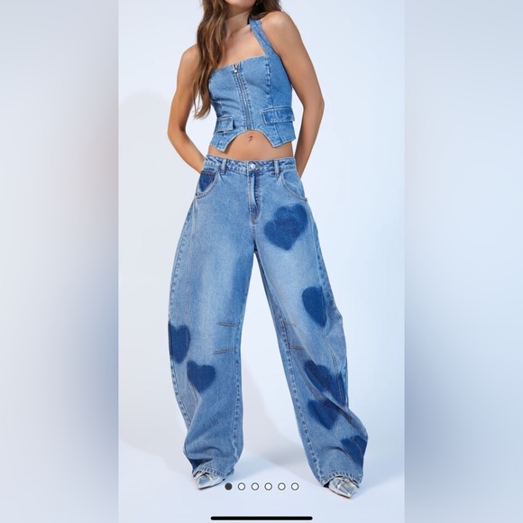 Blue Heart Patterned Barrel Jeans - Picture 6 of 8